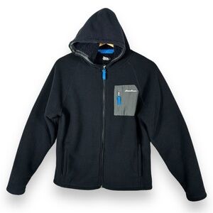 Eddie Bauer Hooded Shearling Full Zip Welt Knit Jacket, Navy/Grey, Size L/14-16